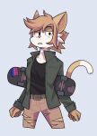  2022 anthro bodily_fluids brown_hair clothed clothing eyebrows felid feline female fur hair hi_res inner_ear_fluff looking_at_viewer mammal osmoru raised_eyebrow simple_background skateboard solo sweat sweatdrop torn_clothing tuft white_body white_fur 