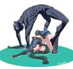  1boy 1girl commission elbow_gloves fingerless_gloves gloves green_hair highres long_hair musashi_moo-sun muscle_spark one_eye_closed pixiv_commission qingyi_(zenless_zone_zero) ryona thighhighs tongue tongue_out wrestling zenless_zone_zero 