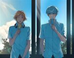  2boys arm_up black_pants brown_hair closed_mouth cloud collared_shirt cowboy_shot dot_nose eye_contact food grey_hair hanamura_yousuke hand_in_pocket headphones headphones_around_neck holding holding_food holding_popsicle light_rays looking_at_another looking_to_the_side male_focus multiple_boys narukami_yu one_eye_closed open_collar open_mouth pants parted_bangs parted_hair persona persona_4 popsicle shirt short_hair short_sleeves side-by-side sideways_glance sky standing sunbeam sunlight tree vodo0711 white_shirt window wing_collar 