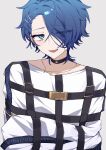  1boy :d bags_under_eyes black_choker blue_eyes blue_hair choker eyes_visible_through_hair furrowed_brow grey_background hair_ornament hair_over_one_eye hairclip half-closed_eyes highres jewelry looking_at_viewer lower_teeth_only male_focus medium_hair milgram necklace sakurai_haruka_(milgram) shirt simple_background smile solo teeth upper_body white_shirt yingwux1 