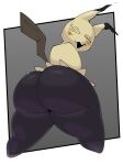  anthro anthrofied big_butt bodily_fluids bottomless butt clothed clothing digital_media_(artwork) generation_7_pokemon hi_res huge_butt looking_at_viewer looking_back male mammal mimikyu nintendo open_mouth pokemon pokemon_(species) simple_background solo solo_focus solo_in_panel spiral spiral_eyes sweat sweatdrop tail thick_thighs topwear translucent wide_hips woopyy 