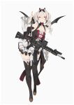  1girl absurdres boots breasts detached_sleeves dress drill_hair frilled_dress frilled_sleeves frills grey_hair hair_ornament highres holding holding_weapon horns long_hair looking_to_the_side original red_eyes small_breasts solo standing sutekina_awa thigh_boots thigh_gap twin_drills weapon white_background wings 
