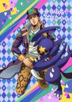  1boy animal_print argyle_background baseball_cap black_hair blue_eyes brown_pants chain claws club_(shape) coat commentary_request crossover earrings garchomp hat high_collar highres jewelry jojo_no_kimyou_na_bouken kogawa_(kris_386k) kujo_jotaro leopard_print long_coat male_focus pants pokemon pokemon_(creature) purple_coat purple_hat shirt spade_(shape) star_(symbol) star_print stone_ocean stud_earrings white_shirt 