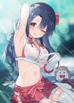  1girl arm_up armpits bell bikini bikini_under_clothes black_hair blurry blurry_background blush breasts cropped_shirt dappled_sunlight elbow_gloves furrowed_brow gloves hair_ribbon hedgehog highres idolmaster idolmaster_million_live! idolmaster_million_live!_theater_days japanese_clothes jingle_bell leaf lens_flare long_hair looking_at_viewer medium_breasts midriff miko mochigome_(ununquadium) navel neck_bell neck_ribbon one_eye_closed open_mouth outdoors rainbow_gradient red_bikini red_eyes red_ribbon red_skirt revealing_clothes ribbon ribbon-trimmed_gloves ribbon-trimmed_thighhighs ribbon_trim sandals shirt side_slit sitting skirt sleeveless sleeveless_shirt solo sunlight swimsuit takayama_sayoko thighhighs water wet white_gloves white_shirt white_thighhighs zouri 