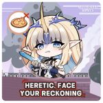  1girl bare_shoulders black_collar black_dress blonde_hair blue_eyes blue_hair collar colored_inner_hair crown_of_thorns dress earrings english_text fleurdelys_(wuthering_waves) floating_earrings food hawaiian_pizza highres holding holding_sword holding_weapon horns jewelry logo long_hair long_horns looking_at_viewer multicolored_hair necklace official_art parted_bangs parted_lips pineapple_on_pizza pizza pointy_ears sidelocks single_horn solo sword tacet_mark_(wuthering_waves) weapon wuthering_waves yellow_horns 