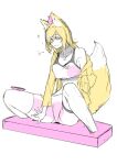  1girl absurdres animal_ears bike_shorts blonde_hair breasts commentary_request cosplay fox_ears fox_tail full_body gundam gundam_build_fighters highres hoshino_fumina hoshino_fumina_(cosplay) large_breasts long_hair looking_at_viewer smile solo sports_bra tail tomoe_(yozakura_quartet) two-tone_sports_bra white_background yasuda_suzuhito yozakura_quartet 