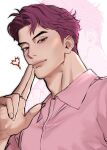  1boy abs_(kpop_demon_hunters) adam&#039;s_apple aegyo_sal brown_eyes closed_mouth finger_gun heart highres kpop_demon_hunters looking_at_viewer male_focus nose pandolasan54093 parted_bangs parted_lips pink_hair pink_shirt portrait shirt short_hair simple_background solo white_background zoom_layer 