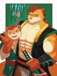  2boys abs animal_ears bamboo bamboo_forest bara brothers choi_yuhee_(xxl) choi_yuhyun_(xxl) claws closed_mouth english_commentary forest fundoshi furry furry_male highres holding holding_sheath japanese_clothes looking_at_viewer male_focus multiple_boys muscular muscular_male nature open_mouth pectorals sheath sheathed siblings smile tail takatoshi_vn3 torii v weasel_boy weasel_ears weasel_tail whiskers xxl_woofia 