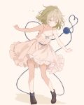  1girl absurdres alternate_costume ankle_boots black_boots blue_bow boots bow brown_background collarbone commentary_request dress full_body green_hair heart heart_of_string highres iris-san komeiji_koishi outstretched_arms simple_background sleeveless sleeveless_dress solo spaghetti_strap spread_arms standing sundress third_eye touhou white_dress 
