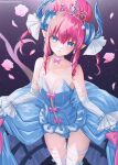  1girl bangs blue_dress blue_eyes breasts choker closed_mouth dress elizabeth_bathory_(cinderella_rider)_(fate) elizabeth_bathory_(fate) fate/grand_order fate_(series) flower highres horns looking_at_viewer medium_hair pink_flower pink_hair pointy_ears showgirl_skirt sidelocks small_breasts solo suzuho_hotaru thighhighs twitter_username white_thighhighs 