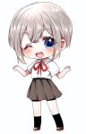  1girl :d alternate_eye_color bike_shorts_under_skirt black_shorts black_skirt black_socks blonde_hair blue_eyes blush brown_shoes chibi chibi_only clenched_hands collared_shirt crossed_bangs full_body hair_between_eyes hands_up highres kimi_no_koto_ga_dai_dai_dai_dai_daisuki_na_100-nin_no_kanojo kneehighs looking_at_viewer miniskirt neck_ribbon one_eye_closed pleated_skirt red_ribbon ribbon shirt shoes short_hair short_hair_with_long_locks short_sleeves shorts simple_background skirt smile socks solo standing sutou_iku teeth thick_eyebrows upper_teeth_only v-shaped_eyebrows white_background white_shirt yumenobetsu 
