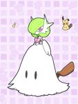  1girl arms_at_sides bangs bare_shoulders bob_cut commentary_request cosplay dress elbow_gloves flat_chest floral_background full_body gardevoir gloves green_hair hair_over_one_eye heart looking_at_viewer mega_gardevoir mega_pokemon mimikyu mimikyu_(cosplay) one_eye_covered outline partial_commentary pink_eyes plaid plaid_background pokemon pokemon_(creature) purple_background short_hair solo_focus standing strapless strapless_dress tail white_dress white_gloves white_outline yuri_(pixiv_76483886) 