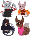 2017 accessory aliasing alpha_channel ambiguous_gender anthro black_body black_clothing black_fur black_nose black_robe brown_body brown_fur brown_hair brown_nose canid canine chibi clothed clothed_feral clothing costume digital_media_(artwork) domestic_cat dot_eyes earband eye_patch eyewear featureless_feet feet felid feline felis feral flat_colors food fruit fur furgonomics grey_body grey_fur grey_skin hair hairless hairless_cat halloween halloween_costume holding_melee_weapon holding_object holding_polearm holding_scythe holding_weapon holidays lagomorph leporid mammal melee_weapon microsoft_paint_(artwork) multiple_images pattern_clothing pattern_sweater pattern_topwear pink_clothing pink_sweater pink_topwear plant polearm pumpkin purple_nose rabbit robe scythe sebdoggo short_hair simple_background simple_eyes smile solo sphynx_(cat) striped_clothing striped_sweater striped_topwear stripes sweater tail tail_accessory tail_mouth tailband tan_body tan_fur topwear transparent_background unusual_anatomy unusual_tail weapon