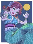  1girl amabie aqua_eyes aqua_kimono aqua_nails blue_background blush border breasts claw_pose commentary_request emma_verde freckles full_moon hair_ornament highres japanese_clothes kimono large_breasts long_hair looking_at_viewer love_live! love_live!_nijigasaki_high_school_idol_club moon myrain56991013 nijigaku_hyakkiyakou obi official_alternate_costume official_alternate_hairstyle open_mouth outside_border red_hair sash see-through_clothes see-through_sleeves see-through_wrist_cuffs seigaiha short_sleeves simple_background solo wavy_hair white_border wrist_cuffs 