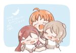  3girls :d ahoge blue_background blush border braid chibi chibi_only clover_hair_ornament commentary_request gentaro_(g_teall) grey_sailor_collar group_hug hair_ornament hairclip half_updo hug long_hair love_live! love_live!_sunshine!! medium_hair multiple_girls neckerchief open_mouth outside_border puffy_short_sleeves puffy_sleeves raised_inner_eyebrows red_hair red_neckerchief sailor_collar sakurauchi_riko school_uniform shirt short_sleeves side_braid simple_background single_feather smile summer_uniform takami_chika translation_request uranohoshi_school_uniform watanabe_you white_border white_shirt 