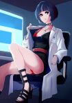  1girl bare_legs belt black_sandals blue_background blue_hair blunt_bangs blysill bra breasts brown_eyes chair cleavage coat collarbone commentary english_commentary eyelashes feet foot_out_of_frame high_heel_sandals highres jewelry knee_up lab_coat legs long_sleeves looking_at_viewer medium_breasts nail_polish necklace on_chair open_clothes open_coat panties parted_lips persona persona_5 red_belt red_bra red_nails red_panties sandals short_hair sitting solo strappy_heels studded_choker takemi_tae thighs toenail_polish toenails toes underwear white_coat 