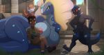 absurd_res anthro areola aurorus big_breasts big_butt black_body blue_body blue_eyes blue_skin breasts butt claws clothed clothing dinosaur erection fan_character female fossil_pokemon fur generation_4_pokemon generation_6_pokemon genitals group hair hi_res huge_breasts human japy7u7 larger_anthro larger_female male male/female mammal multicolored_body muscular nintendo nipples nude penis pink_areola pink_nipples pokemon pokemon_(species) prehistoric_species rampardos red_body red_eyes reptile scalie size_difference smaller_human smaller_male tail thick_thighs tyrantrum vulva white_body white_fur wide_hips