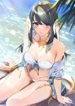  1girl au_ra bare_shoulders barefoot bikini black_hair blush bra breasts cleavage dragon_girl dragon_horns dragon_tail final_fantasy final_fantasy_xiv full_body highres horns jacket kasumi_komo leaf looking_at_viewer medium_breasts navel ocean open_clothes open_jacket purple_eyes scales sitting solo sunlight swimsuit tail thighs underwear wariza white_bikini white_bra white_jacket 