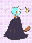 1girl alternate_color arms_at_sides bangs bare_shoulders black_dress black_gloves blue_hair bob_cut commentary_request cosplay dress elbow_gloves flat_chest floral_background full_body gardevoir gloves hair_over_one_eye heart looking_at_viewer mega_gardevoir mega_pokemon mimikyu mimikyu_(cosplay) one_eye_covered orange_eyes outline partial_commentary plaid plaid_background pokemon pokemon_(creature) purple_background shiny_pokemon short_hair solo_focus standing strapless strapless_dress tail white_outline yuri_(pixiv_76483886) 