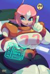  1girl absurdres armor black_bodysuit blue_background blue_eyes bodysuit breasts cowboy_shot highres holographic_interface large_breasts mega_man_(series) mega_man_x:_command_mission mega_man_x_(series) multicolored_hair nana_(mega_man_x:_command_mission) number_pun pink_hair saturnserkel short_hair simple_background sitting smiley_face solo streaked_hair two-tone_hair white_armor white_hair 