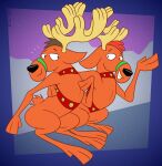 2024 anthro antlers artist_name black_eyes black_nose brown_antlers brown_body brown_ears brown_fur brown_hair brown_tail christmas deer digital_media_(artwork) duo eye_contact fur gavanzude hair half-closed_eyes hand_on_back hand_on_chest hand_on_own_chest happy hi_res holidays horn looking_at_another male male/male mammal narrowed_eyes new_world_deer orange_hair reindeer scut_tail short_tail sitting sitting_together smile spot&#039;s_magical_christmas spot_the_dog_(series) tail teeth text three-quarter_view
