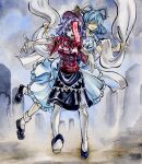  2girls black_ribbon black_skirt blue_dress blue_eyes blue_hair blue_shoes breasts chinese_clothes closed_mouth colored_skin commentary_request dress faceless faceless_female full_body grey_skin hagoromo hair_ornament hair_over_eyes hair_rings hair_stick hat highres jiangshi kabaji kaku_seiga looking_at_viewer medium_breasts miyako_yoshika multiple_girls neck_ribbon newsboy_cap ofuda ofuda_over_one_eye open_clothes open_mouth open_vest outstretched_arms painting_(medium) purple_hair purple_hat red_shirt ribbon sharp_teeth shawl shikishi shirt shoes short_hair short_sleeves skirt smile socks tangzhuang teeth tombstone touhou traditional_media vest watercolor_(medium) white_socks white_vest zombie_pose 