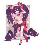  1girl animal_ears arm_up asymmetrical_legwear bib_collar black_hair black_shoes black_shorts bow bowtie cat_ears cat_girl cat_tail commentary full_body garter_straps high_heels highres long_hair low_drills maid_headdress navel open_mouth original outline ozureiji puffy_short_sleeves puffy_sleeves red_bow red_bowtie red_eyes red_ribbon ribbon shoes short_sleeves shorts single_garter_strap smile socks solo sparkle symbol-only_commentary tail tail_ornament tail_ribbon tsurime twintails very_long_hair w white_outline white_socks wrist_cuffs 
