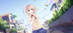  1girl blue_skirt blue_sky braid brown_cardigan bush cardigan cardigan_vest cloud collared_shirt crown_braid date_a_live date_a_live:_rinne_utopia date_a_live:_spirit_pledge dutch_angle game_cg house leaf neck_ribbon official_art pink_hair pleated_skirt raizen_high_school_uniform red_ribbon ribbon school_uniform shirt short_hair short_sleeves skirt sky smile solo sonogami_rinne third-party_source white_shirt 