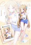  1girl alternate_costume apple_caramel arm_strap bare_legs bare_shoulders blonde_hair blue_eyes blue_skirt breasts can cartethyia_(wuthering_waves) cleavage collarbone commentary drink_can earrings english_commentary english_text hair_ornament heart highres holding holding_can jewelry large_breasts legs light_blush long_hair looking_at_viewer monster_energy parted_lips pink_petals pointy_ears shirt shoes side_slit sidelocks skirt sleeveless sleeveless_shirt solo tacet_mark_(wuthering_waves) very_long_hair white_shirt white_shoes wuthering_waves zoom_layer 