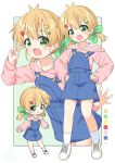  1girl :d antenna_hair blonde_hair blue_overalls bow bra_strap child clover_hair_ornament collarbone commentary_request green_bow green_eyes hair_between_eyes hair_bow hair_ornament hairclip hands_on_own_hips hao_(pila-pela) highres hood hood_down hoodie long_sleeves looking_at_viewer low_twintails medium_hair multiple_views open_mouth original overalls pila-pela pink_hoodie shoes smile sneakers socks twintails white_shoes white_socks 