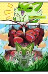 2025 ambiguous_gender anthro buzzwole day digital_media_(artwork) duo eyes_closed feral fur generation_7_pokemon generation_9_pokemon green_body green_fur hi_res japanese_text nintendo open_mouth outside pawpads pokemon pokemon_(species) pokemon_tcg_(game) quadruped red_body red_eyes sky sprigatito standing teeth tenebscuro text tongue translation_request ultra_beast wings