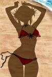  1girl absurdres arms_up beach bikini boku_no_hero_academia commentary_request dressed_shadow_(meme) highres implied_nudity meme outdoors red_bikini sand shadow solo swimsuit toga_himiko unworn_bikini water zd_(pixiv6210083) 