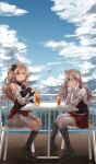  2girls ascot blonde_hair blush brown_eyes chair closed_mouth cloud cloudy_sky corset cup day drink drinking_glass drinking_straw grey_hair hair_between_eyes hat highres kantai_collection long_hair long_sleeves mini_hat mizunototori multiple_girls parted_lips pola_(kancolle) red_ascot red_skirt rudder_footwear shirt sitting skirt sky smile thighhighs wavy_hair white_headwear white_shirt white_thighhighs zara_(kancolle) zara_due_(kancolle) 