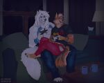 5:4 anthro black_nose blue_eyes blue_markings canid canine canis clothed clothing controller duo ear_piercing fur grey_hair grey_markings hair hi_res holding_controller holding_object industrial_piercing licking licking_lips licking_own_lips long_hair male mammal markings muscular muscular_anthro muscular_male night orange_body orange_fur orange_hair piercing pyro29 rayliicious red_tongue sitting tongue tongue_out topless white_body white_fur white_hair window wolf