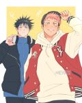  2boys alternate_costume baseball_cap black_hair border closed_mouth commentary fushiguro_megumi green_eyes hat headphones highres hood hoodie itadori_yuuji jujutsu_kaisen long_sleeves looking_at_viewer male_focus multiple_boys neskuna outside_border pink_hair short_hair smile spiked_hair symbol-only_commentary teeth undercut upper_body white_border yellow_eyes 