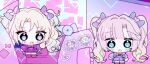  17_(i77_com) 2girls :d anyoji_hime blast!!_(love_live!) blonde_hair blue_eyes blue_hair blush bow chibi chibi_only commentary crop_top fang gradient_hair hair_bow hair_intakes hair_ornament hashtag-only_commentary heart heart_hair_ornament jacket link!_like!_love_live! long_hair looking_at_viewer love_live! mira-cra_park! multicolored_hair multiple_girls official_alternate_costume official_alternate_hairstyle open_clothes open_jacket open_mouth osawa_rurino pink_hair pink_socks pixel_heart purple_bow purple_jacket purple_skirt skirt smile socks twintails virtual_youtuber 