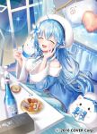 1girl ahoge alcohol bed bedroom beret blue_bow blue_bowtie blue_coat blue_hair blue_nails bottle bow bowtie breasts center_frills chopsticks cleavage_cutout closed_eyes clothing_cutout coat commentary_request copyright_notice crossed_bangs cup daifuku_(yukihana_lamy) double-parted_bangs elf frilled_shirt frills fur-trimmed_coat fur_trim gari_(apollonica) hair_between_eyes hair_ornament hands_up hat heart heart_ahoge holding holding_cup hololive indoors kotatsu large_breasts long_hair multicolored_hair nail_polish off_shoulder official_art open_mouth plaid_bow plaid_bowtie plaid_clothes pointy_ears sake sake_bottle shirt sitting sleeveless sleeveless_shirt smile snowflake_hair_ornament snowflake_print solo streaked_hair table teeth tokkuri under_kotatsu under_table upper_teeth_only very_long_hair virtual_youtuber white_hat white_shirt yukihana_lamy yukihana_lamy_(1st_costume) yukimin_(yukihana_lamy) 