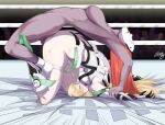  2girls angela_balzac ass blonde_hair breasts catfight closed_eyes commission elbow_gloves gloves hanabusa_(xztr3448) highres leotard long_hair low_twintails multiple_girls muscle_spark pixiv_commission rakuen_tsuihou ryona twintails very_long_hair wrestling 