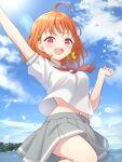  1girl :d absurdres ahoge arm_up blue_sky blush bow breasts clenched_teeth cloud clover_hair_ornament commentary cowboy_shot day english_commentary grey_sailor_collar grey_skirt hair_bow hair_ornament hanazora_satsuki highres large_breasts leg_up looking_at_viewer love_live! love_live!_sunshine!! medium_hair midriff miniskirt navel neckerchief open_mouth orange_hair photo_background pleated_skirt red_eyes red_neckerchief sailor_collar school_uniform serafuku short_sleeves skirt sky smile solo standing standing_on_one_leg summer_uniform takami_chika teeth uranohoshi_school_uniform yellow_bow 