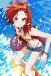  1girl absurdres bikini bikini_under_shorts blue_archive brown_bikini denim denim_shorts dragon_girl dragon_horn dragon_tail eyeshadow hairband halo highres horns long_hair makeup murloc_(user_wxxf2533) o-ring o-ring_bikini o-ring_top official_alternate_costume orange_hairband red_eyes red_eyeshadow red_feet red_hair red_halo red_tail renge_(blue_archive) renge_(swimsuit)_(blue_archive) shorts single_horn smile solo surfboard surfing swimsuit tail waves yellow_bikini 