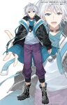  1boy :d black_boots black_jacket blue_eyes boots closed_mouth collarbone commentary_request copyright_request earrings grey_hair highres jacket jewelry lace-up_boots long_sleeves male_focus multiple_views nekozuki_yuki official_art open_clothes open_jacket pants puffy_long_sleeves puffy_sleeves purple_pants shirt simple_background sleeves_past_wrists smile standing stud_earrings virtual_youtuber white_background white_shirt zoom_layer 