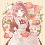 1girl apple apple_pie apple_slice apron basket black_dress blush bow branch closed_mouth commentary_request cowboy_shot cup dress food frilled_apron frills fruit green_brooch juliet_sleeves long_sleeves looking_at_viewer maid maid_apron maid_headdress original outside_border pie pie_slice plate pouring puffy_sleeves red_bow red_eyes red_hair saucer short_hair skirt_hold smile solo striped_background teacup teapot tententuyu vertical-striped_background white_apron 