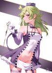  1girl 2_ru absurdres aki_mabayu convenient_censoring cropped_legs detached_collar detached_sleeves gloves green_hair highres kishimen_hair looking_at_viewer magia_record:_mahou_shoujo_madoka_magica_gaiden magical_girl mahou_shoujo_madoka_magica miniskirt navel no_panties purple_eyes skirt solo white_gloves 