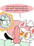 3:4 animal_genitalia animal_penis blush blush_lines bodily_fluids canid canine canine_genitalia canine_penis cheek_tuft chikn_nuggit countershade_fur countershading crossgender cutaway dialogue duo erection eyelashes facial_tuft female first_person_view flirting fluffy fluffy_tail fox ftg_crossgender fti_crossgender fur fur_markings genitals gloves_(marking) green_body green_eyes green_fur gynomorph head_tuft hi_res imminent_oral imminent_sex intersex km-15 knot knotted_penis light_body light_fur mammal markings milkshek_(chikn_nuggit) multicolored_body multicolored_fur offering_sex open_mouth paws penis pie_cut_eyes pink_body pink_fur pink_penis pupils scaroused simple_background slushi_(chikn_nuggit) small_pupils speech_bubble spread_legs spreading sweat sweatdrop tail teasing text tuft two_tone_body two_tone_fur white_background wide_eyed yellow_eyes