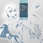  1girl album_cover armlet armor blue_theme copyright_request cover crown eight_tohyama feet_out_of_frame frills fur_trim highres holding holding_crown leaning_back looking_at_viewer mini_crown monochrome parted_lips pauldrons phant_(taishi) shoes shoulder_armor single_pauldron skirt smile 