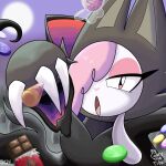 anthro artist_name bovid candy caprine chikn_nuggit chocolate chocolate_bar clothing codeythetitan cofi_(chikn_nuggit) costume dessert digital_media_(artwork) eyelashes fake_claws female food full_moon fur fursuit hair hair_over_eye half-closed_eyes halloween hi_res holding_object holidays looking_at_viewer mammal moon narrowed_eyes night pink_eyes pink_hair pink_nose pose sheep solo text white_body white_ears white_fur white_wool wool_(fur)