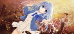  1girl blue_eyes blue_jacket breaking breasts collared_shirt date_a_live date_a_live:_spirit_pledge dress_shirt game_cg hair_ornament hairclip jacket long_hair long_sleeves looking_at_viewer official_art open_clothes open_jacket open_mouth outdoors pleated_skirt school shirt skirt solo third-party_source tobiichi_origami tree white_hair 