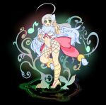  1girl absurdres ahoge arched_bangs back_bow bangle bikini blush_stickers bow bracelet breasts brown_sandals commentary_request feathered_wings full_body green_eyes grey_hair highres huge_ahoge jewelry large_bow long_hair looking_at_viewer magic_circle medium_breasts musical_note navel open_mouth pink_bow pointy_ears ragnarok_iris ragnarok_online sandals smile solo standing standing_on_magic_circle swimsuit wanderer_(ragnarok_online) white_bikini white_wings wings 