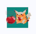  closed_mouth commentary fat_pikachu food fruit full_body highres holding ketchup ketchup_bottle no_humans pikachu pokemon pokemon_(creature) smile solo standing su_(sajo_su5) symbol-only_commentary tomato 