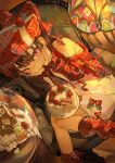  1girl absurdres bare_shoulders blush cake chi_chi3939 chocolate christmas dutch_angle food fruit highres knees leg_warmers looking_at_viewer original snowman solo strawberry 